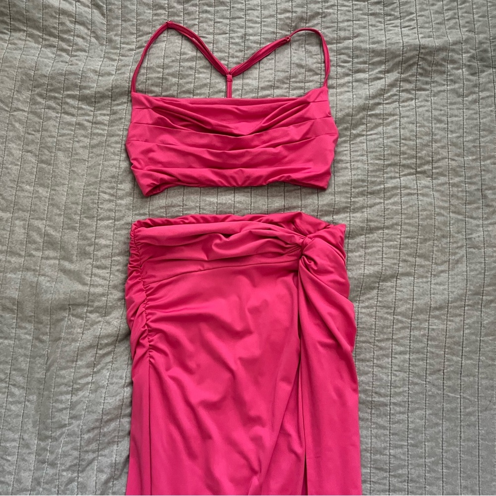 Hot pink two piece set, crop top & maxi skirt with high slit